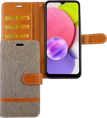 Image de Étui de protection pour téléphone Samsung Galaxy A03s, type pochette avec compartiment pour cartes, couleur : gris jean