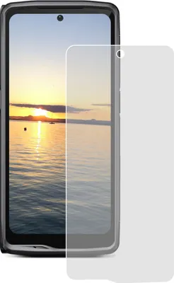 A screen protector is placed over a smartphone displaying a sunset.