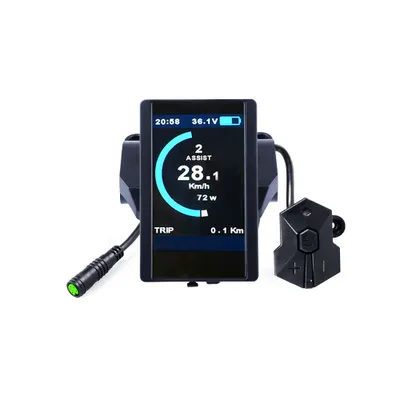 A black e-bike display screen with a connected controller on a white background.