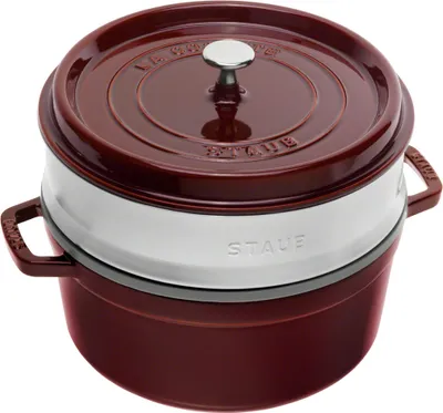 Produktbild von STAUB Kasserolle/Cocotte mit Dampfgarer de Gusseisen, Durchmesser de 26 cm, 5,2 L, innen schwarz emailliert, Grenadine