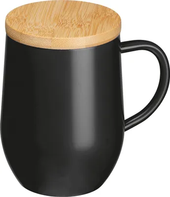 Produktbild von Doppelwandige Edelstahl-Tasse mit Bambusdeckel / 350ml / Farbe: schwarz