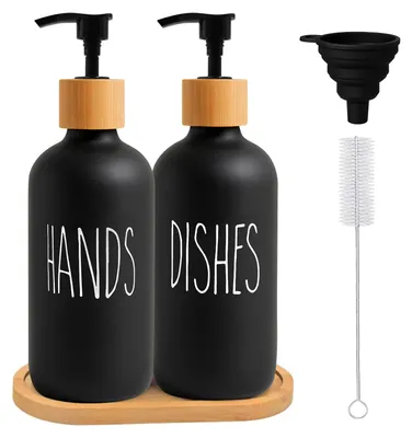 Image de Lot de 2 distributeurs de savon noirs de 500 ml avec entonnoir, distributeur de liquide vaisselle pour la cuisine, distributeur de savon pour les mains en verre, flacons de shampoing pour recharger les distributeurs de savon de douche et de salle de bains.