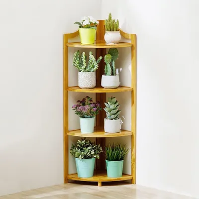 Image de Étagère d'angle en bambou, 5 niveaux, support à plantes, bibliothèque, aspect naturel, 4 étagères