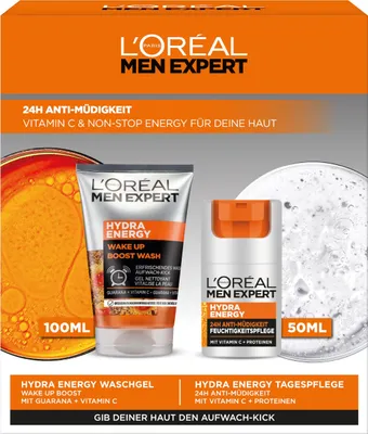 Image de L'Oréal Men Expert Set de soins pour la peau fatiguée pour hommes, set cadeau avec gel nettoyant et crème visage 24H anti-fatigue, cadeaux pour hommes avec vitamine C, Hydra Energy, 1 x 100 ml, 1 x 50 ml set gel nettoyant + soin