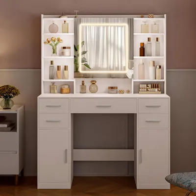 Productafbeelding van Kaptafel Met Spiegel - 5 Laden En 9 Open Vakken - 40 X 108 X 144 Cm - Spaanplaat