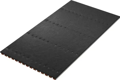 A dark, rectangular acoustic wall panel with visible perforations and a textured surface, presented on a white background.