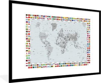 Produktbild von MuchoWow® MuchoWow® Gerahmtes Poster Weltkarte - Flagge - Schwarz - Weiß 90x60 cm - Poster mit zchwarzem Bilderrahmen - Wanddekoration - Fotos