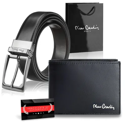 Zdjęcie produktu dla Pierre Cardin zestaw portfel pasek męski skóra naturalna czarny czerwony RFID 120cm 12x9 cm