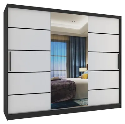 Obrázek produktu pro BELINI Verona MBP, skříň s posuvnými dveřmi, 232 cm, černá/bílá, matná úprava – šatní skříň se zrcadlem a 4 zásuvkami, do ložnice