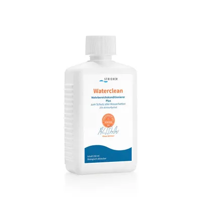 A white plastic bottle of Stricker Waterclean Plus on a white background.