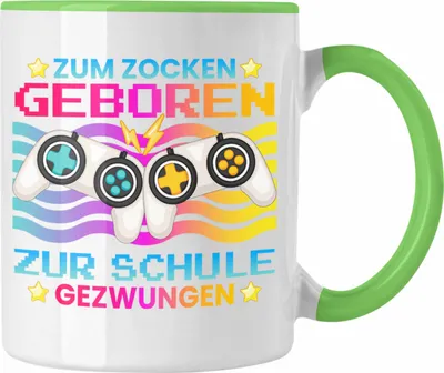 Produktbild von Trendation - Gamer Tasse Geschenk Jungen Zocker Mitbringsel Männer Zocken Gaming Geschenkideen PC Kinder Zubehör Spruch Lustig Zur Schule Gezwungen (Grün)
