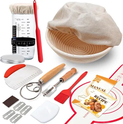 Produktbild von Gärkorb 10-tlg Sauerteig Starter Set, Sauerteig Zubehör mit Gärkörbchen Rund (Komplettset zum Brotbacken mit Rattan Gärkorb, Starterglas, Brotmesser