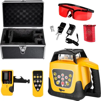 Image de Niveau laser rotatif - Kit laser de chantier - Avec trépied et mire - Portée 300 m - Inclinaison réglable - Rotation à 360° - Angle de balayage - Récepteur et télécommande - Rouge