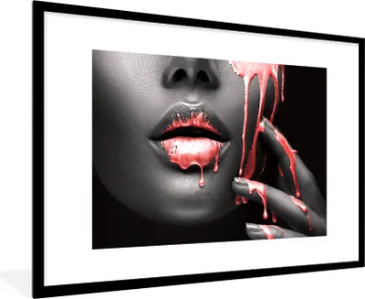 Produktbild von MuchoWow® MuchoWow® Gerahmtes Poster Lippen - Rot - Schwarz 90x60 cm - Poster mit zchwarzem Bilderrahmen - Wanddekoration - Fotos