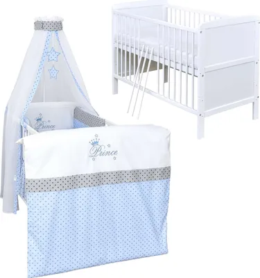 Produktbild von Baby-Delux Babybett Kinderbett Umbaubar 140x70 Weiß Bettset Komplett mit Motiv Prince Stars