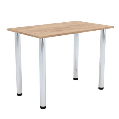 A rectangular table with a wooden top and four silver legs, isolated on a white background.