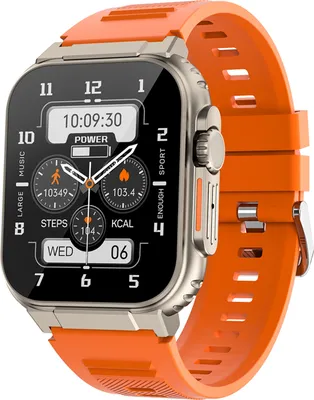 A smartwatch with an orange strap and a silver casing, displayed against a white background.