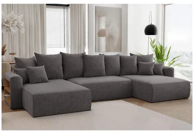 Produktbild von MEBLINI Schlafcouch mit Bettkasten - 350x160x78cm - Grau Cordstoff - NAPLES - Ecksofa mit Schlaffunktion - Sofa mit Relaxfunktion und Kopfstützen - Couch U-Form - Eckcouch - Wohnlandschaft