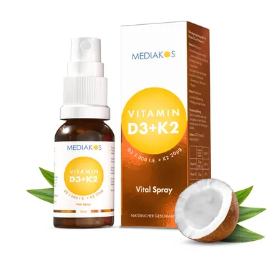 Produktbild von Vitamin D3 + K2 1.000 I.E. / 20 µg | Mediakos® Vital Spray | Immunsystem | Knochen | Zähne | Muskeln | Förderung der Blutgerinnung | Geschmackstral | Für Kinder geeignet*