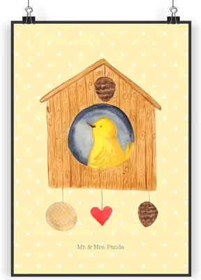 Produktbild von Mr. & Mrs. Panda Bild Vogelhaus Home DIN A4 - Gelb Pastell - Geschenk, Sweet, drucke, Haus, Plakat, Lustige Sprüche, Hausbau, Wandbild, wanddeko, kunstdruck poster, Vogel