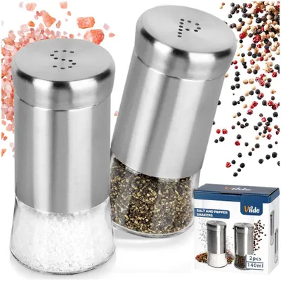 Image de Vilde | Lot Salière et Poivrière - Flacons à Épices en Verre 140 ml - Couvercle en Acier Inoxydable - Cuisine et Restauration