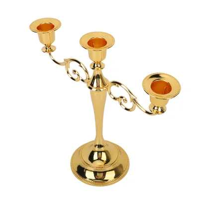 Immagine prodotto di Portacandele in metallo a 3 bracci con stelo retro squisito per tavoli da pranzo e decorazioni di nozze oro