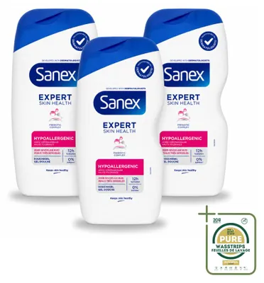 Imagen del producto de 3 unidades de gel de ducha Sanex Expert Skin Health, hipoalergénico, de 400 ml. Pack ahorro