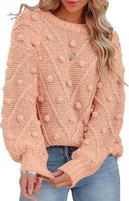 Image de ASKSA Pulls Femme Col rond Pompons Tricotés En vrac Pull uni Sweat uni, Rose, 2XL