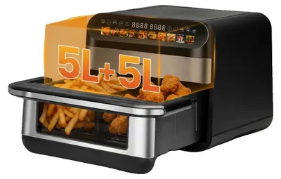 Obrázek produktu pro Fritovací trouba s horkým vzduchem, objem 10 litrů, výkon 2400 W, dvě komory o objemu 5 litrů, rozsah teplot 80-200 °C, LED dotykové ovládání