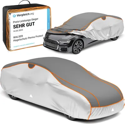 A product image showing a car cover and its packaging, with a certification badge.