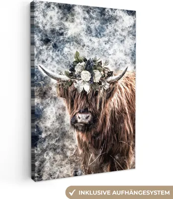 Produktbild von MuchoWow® - Leinwandbilder - Schottischer Highlander - Blumen - Schwarz, Wandbild, Wanddeko Bilder Wohnzimmer, 80x120cm