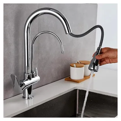 Produktbild von 3-Wege-Küchenarmatur mit ausziehbarer Brause, Messing, 360° drehbar, für Trinkwasser und Warm- sowie Kaltwasser