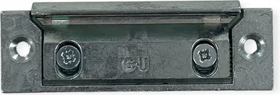 A close-up, straight-on view of a metal hardware component, likely a lock mechanism part, with visible screws and branding.
