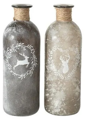 Produktbild von Vase Flaschenvase Hirsch mit Sisalband Glas grau Landhausstil Flasche Tischvasen 21x7 cm 2er Set