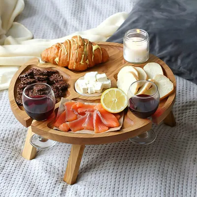 Produktbild von Weinpicknicktisch Rund Faltbar, 1 Stück, Holz, 24x11 cm, Für Camping, Picknick Und Garten