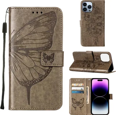 Produktbild von iPhone 15 Pro Hülle, Schmetterling Prägung Flip Leder Kartenfächer Schutzhülle Ledertasche mit Ständer für iPhone 15 Pro Grau