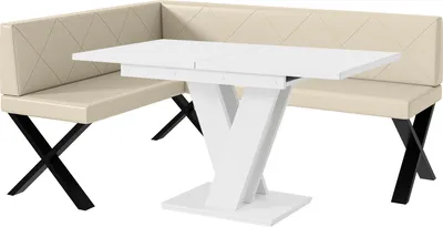 Produktbild von MEBLINI Eckbank für Esszimmer mit ausziehbarem Tisch  - Küchenbank - Essecke - Sitzecke Küche - ERIC - X-Beine 128x168x87cm Links - Creme Kunstleder/M Weiß Matt