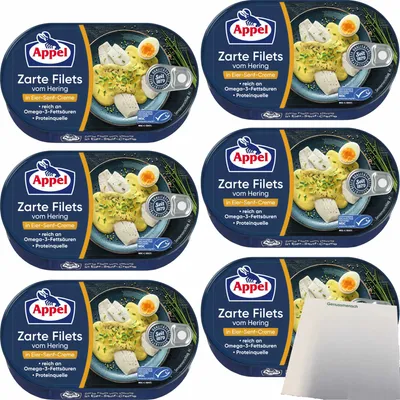 Produktbild von Appel Zarte Filets vom Hering in Eier-Senf-Creme 6er Pack (6x200g Dose) + usy Block