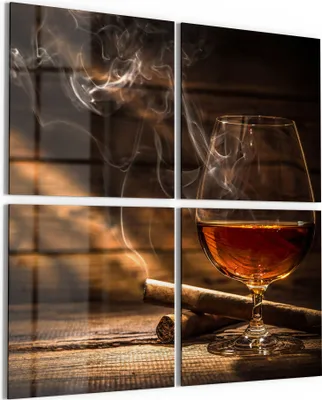 Produktbild von DEQORI Glasbild Echtglas 4x50x50 cm 'Whiskeyglas und Zigarre' Wandbilder XXL groß
