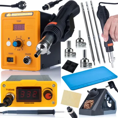 Obrázok produktu pre Rosfix Sada T12OAS + 858D – Spájkovacia Stanica s Hrotmi T12 a Teplovzdušnou Stanicou | 75 W, 200 – 450 °C, Horúci Vzduch 700 W | 3 Trysky, 3 Hroty
