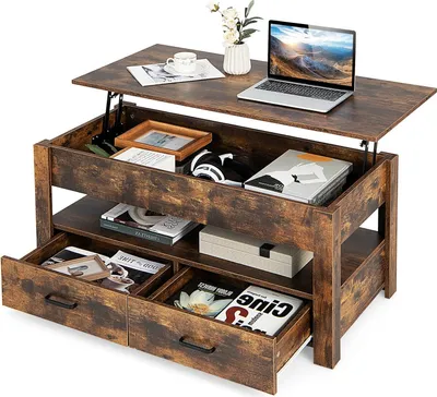 Produktbild von GOPLUS Couchtisch mit Hebeplatte, industrieller Kaffeetisch mit 2 Schubladen, verstecktem Stauraum & Ablagen, Sofatisch 106 x 50 x 48 cm