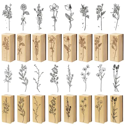 Productafbeelding van Houten stempels bloemen, 16 stuks vintage rubber stempelset