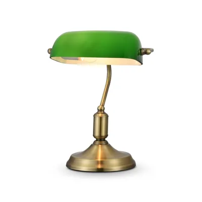 Produktbild von Bankerlampe Glas Metall E27 36 cm hoch in Messing Grün Jugendstil Tischleuchte