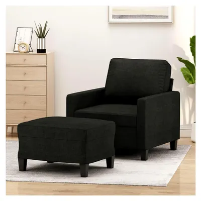 Produktbild von Sessel mit Hocker in Schwarz, 60 cm Sitzbreite, Stoffbezug, stabiles Metallgestell, komfortables Loungemöbel für das Wohnzimmer