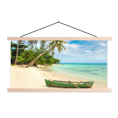 Produktbild von MuchoWow® Textilposter Strand - Kanu - Palme - Tropisch 120x60 cm mit holzfarbenen Rahmen - Klemmleiste