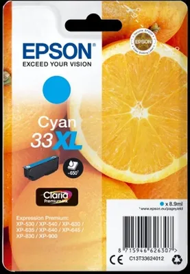 Obrázek produktu pro Epson Oranges Balíček s jedním inkoustem 33XL Pomeranče Claria Premium Cyan, Vysoká (XL) výtěžnost, Azurová, 8,9 ml, 1 kusů, 650 str.