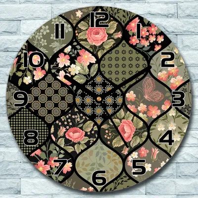 Produktbild von Wanduhr aus Glas Rund fi 30 Patchwork Blumen Quarz Deko Schlafzimmer Büro