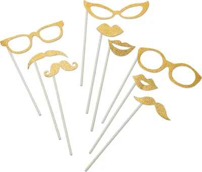 Immagine prodotto di Set di accessori fotografici occhiali bocca e barba 9 pezzi glitter oro - taglia unica