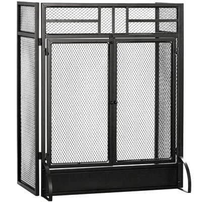 Zdjęcie produktu dla HOMCOM Kratka ochronna przeciwiskrowa do kominka - bariera bezpieczeństwa przeciwpożarowego - 3 składane klapy i drzwiczki - czarny metal