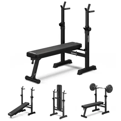 A collage of images showing a black weight bench in various configurations, including flat, inclined, and folded. One image also shows the bench with a barbell and weights.